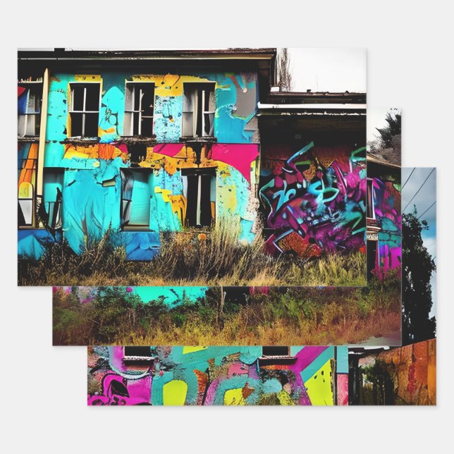 Feuille De Papier Cadeau L'art urbain abandonné Graffiti Building (Lot)