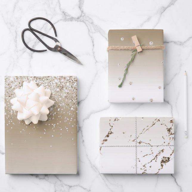 Feuille De Papier Cadeau Lavage de bride Glitz Glitter Crème Or (Recto)