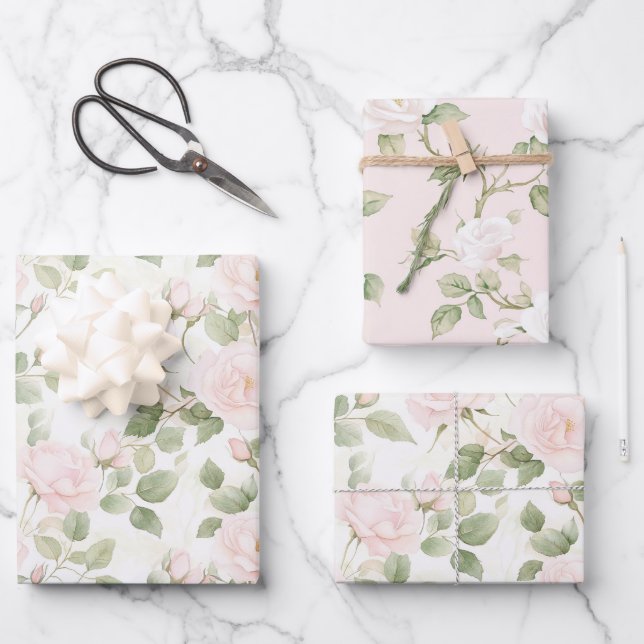Feuille De Papier Cadeau Lavage Rose Blanc Fleurs Mariage Douche (Recto)