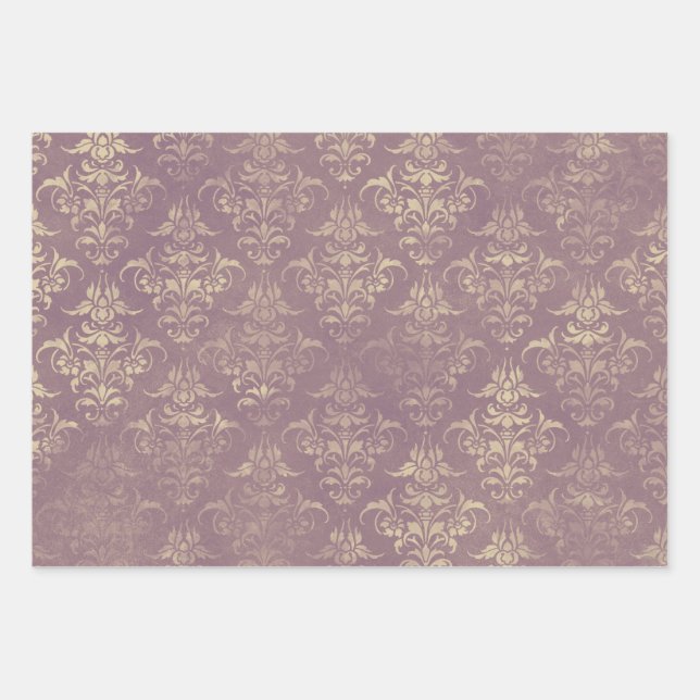 Feuille De Papier Cadeau Lavande et Damas d'or (Devant)