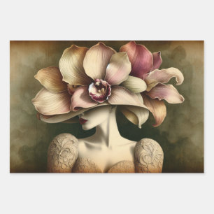 Feuille De Papier Cadeau Le Femme Orchidée Découpage plat Enveloppement Pap