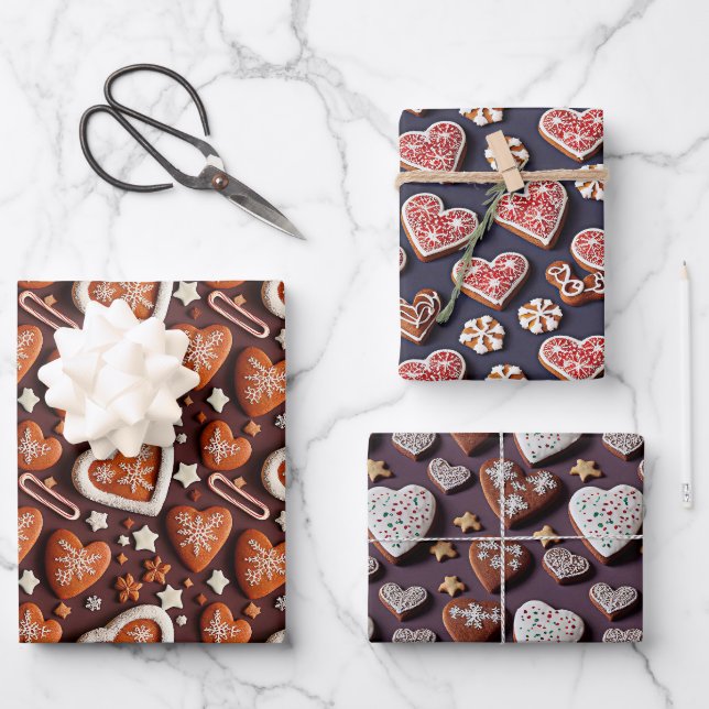 Feuille De Papier Cadeau Lebkuchen, Coeurs allemands Noël pain d'épices (Recto)