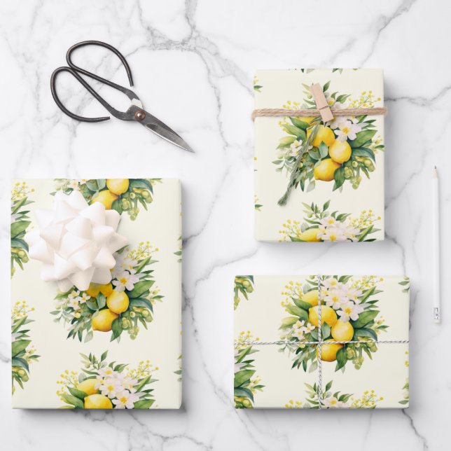 Feuille De Papier Cadeau Lemon Bouquet with White Blossoms Pattern (Recto)