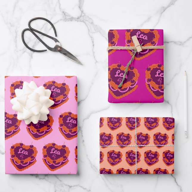 Feuille De Papier Cadeau Leo Zodiac Coquette Coeur gâteau d'anniversaire (Recto)