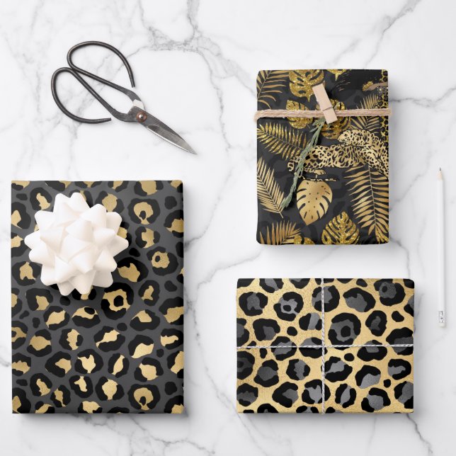 Feuille De Papier Cadeau Léopard d'or et de noir (Recto)