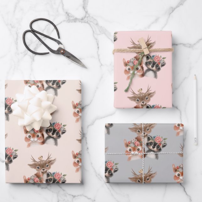 Feuille De Papier Cadeau Les animaux de forêt mignons (Recto)