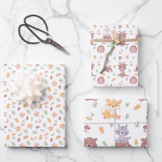 Feuille De Papier Cadeau Les animaux des bois tombent (Recto)