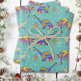 Feuille De Papier Cadeau Les dinosaures de Noël dans la neige