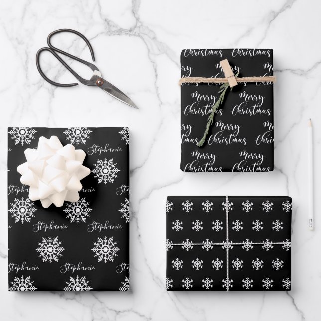 Feuille De Papier Cadeau Les flocons de neige blancs noirs modernes, Joyeux (Recto)