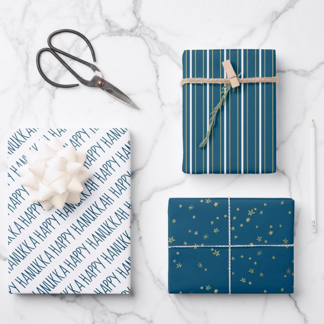 Feuille De Papier Cadeau Les Hanoukka Stars de modernes, bleus et dorés (Recto)