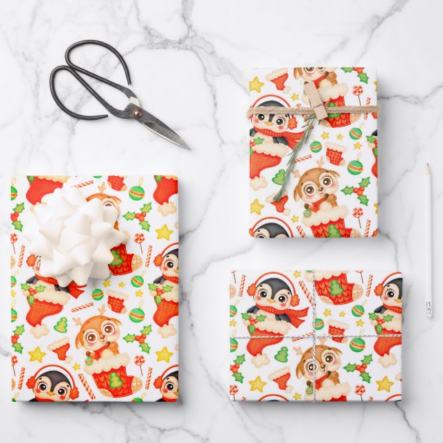 Feuille De Papier Cadeau Les mignons animaux de Noël (Recto)