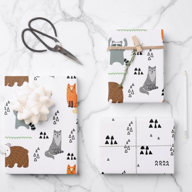 Feuille De Papier Cadeau Les mignons animaux en bois (Recto)