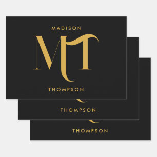 Feuille De Papier Cadeau Lettres d'initiales de monogramme noir et or éléga