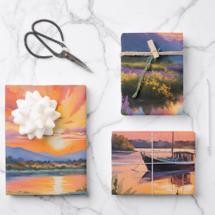 Feuille De Papier Cadeau Lever du soleil à l'étang aquarelle/paysages serei