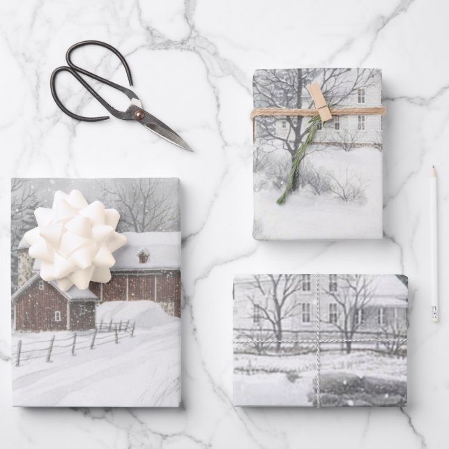 Feuille De Papier Cadeau L'hiver à la ferme (Recto)