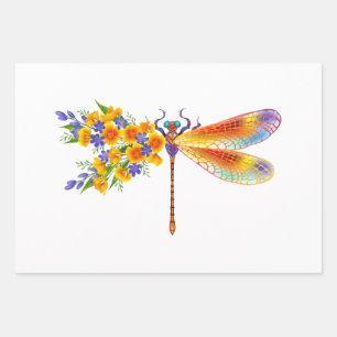 Feuille De Papier Cadeau libellule de fleurs jaunes