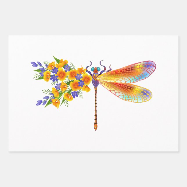 Feuille De Papier Cadeau libellule de fleurs jaunes (Devant)