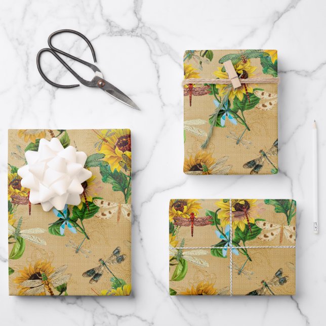Feuille De Papier Cadeau Libellules Tournesols Fête Prénatale Bébé (Recto)