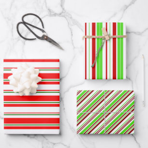 Feuille De Papier Cadeau Lignes à thème de Noël rouge, blanc, vert