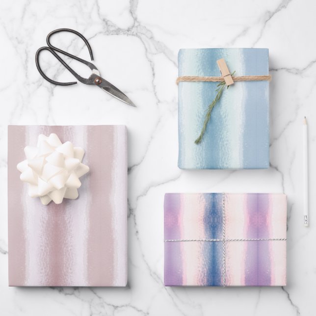 Feuille De Papier Cadeau Lignes d'aquarelle bleu rose pastel (Recto)