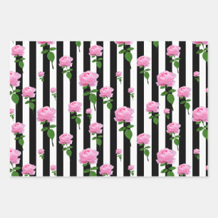 Feuille De Papier Cadeau Lignes Fleurs Roses Roses Roses Noires