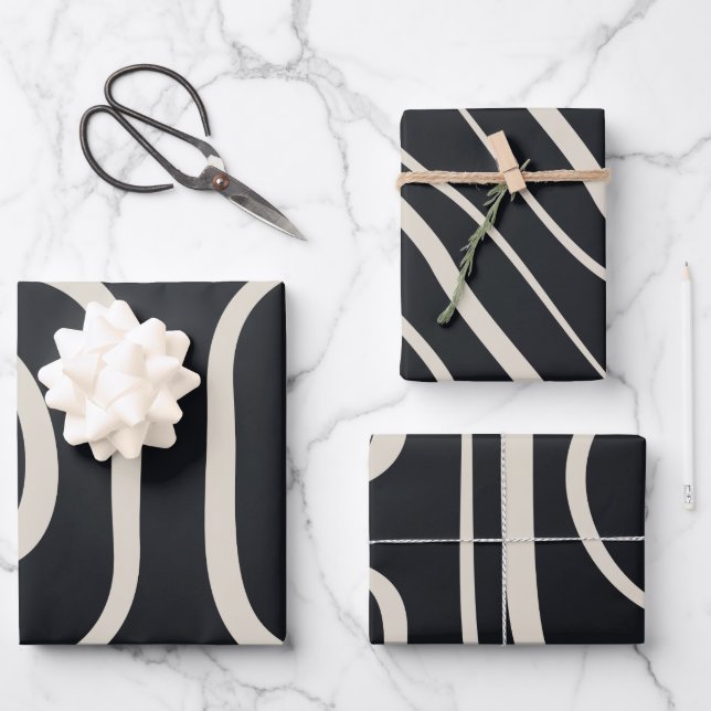 Feuille De Papier Cadeau Lignes modernes Abstraites noir et blanc (Recto)