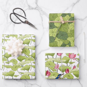 Feuille De Papier Cadeau Lily lotus plante kingfisher motifs verts