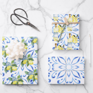 Feuille De Papier Cadeau Limoncello Carreaux Bleus Italiens Citrons Cocktai