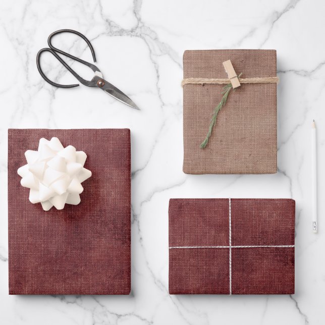 Feuille De Papier Cadeau Lin Faux Rouge profond (Recto)