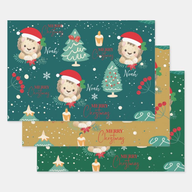 Feuille De Papier Cadeau Lion bébé animal safari de Noël (Lot)