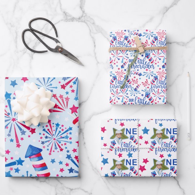 Feuille De Papier Cadeau Little Firecracker 4 juillet premier anniversaire (Recto)