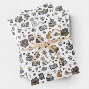 Feuille De Papier Cadeau Livres, chats et cadeaux de Noël Jolabokaflod en c
