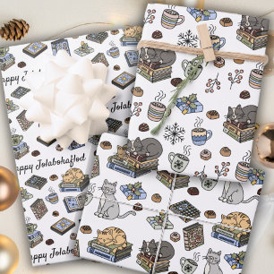 Feuille De Papier Cadeau Livres de Jolabokaflod, Chats et Cacao Cadeau de N