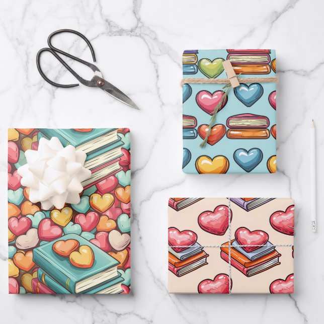 Feuille De Papier Cadeau Livres et bonbons Coeurs Saint-Valentin (Recto)
