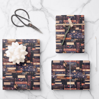 Feuille De Papier Cadeau Livres & Fleurs sur Fond Noir