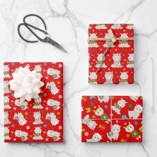 Feuille De Papier Cadeau Llamas Festive de Noël en rouge
