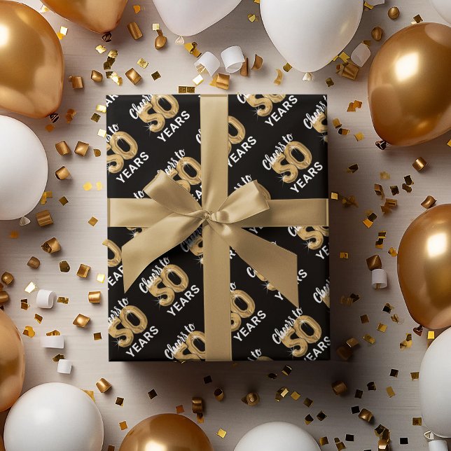 Feuille De Papier Cadeau L'or noir brille à 50 ans Anniversaire (Créateur téléchargé)