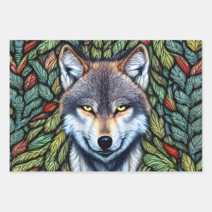 Feuille De Papier Cadeau Loup prédateur de bois sauvage