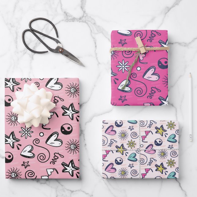 Feuille De Papier Cadeau Love and Heart Doodle Motif rose Saint Valentin (Recto)