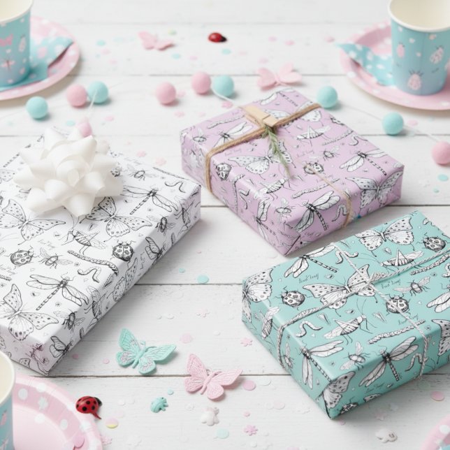 Feuille De Papier Cadeau Love Bug Cute Insects Papillon, Lady Bug & Coeur (Cute Girly Insects Pattern Wrapping Paper for Little Girl. Bugs, Beetles, Butterflies, Ladybugs, Bee)