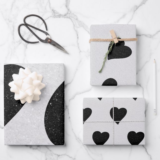 Feuille De Papier Cadeau Love Heart Black Parties scintillant Valentine's (Recto)