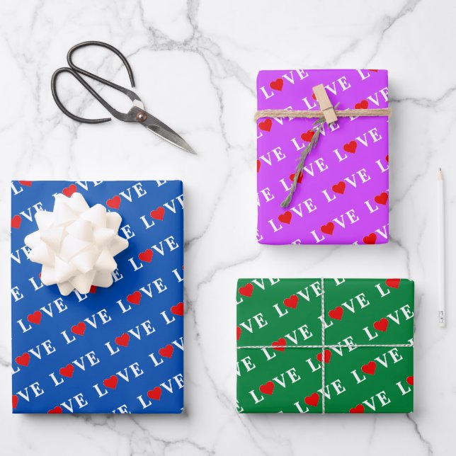 Feuille De Papier Cadeau LOVE Marine bleu violet vert (Recto)