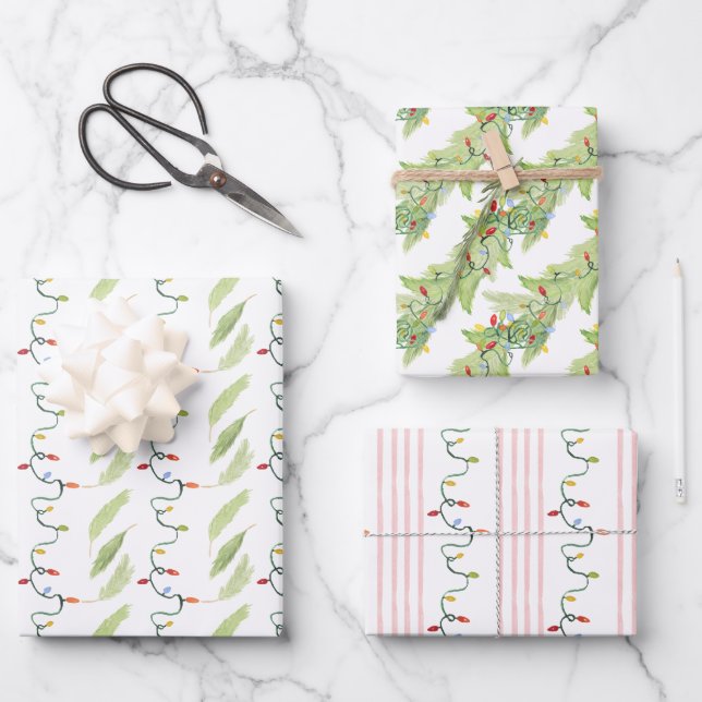 Feuille De Papier Cadeau Lumières de Noël aquarelle (Recto)