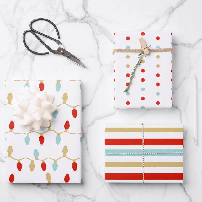 Feuille De Papier Cadeau Lumières de Noël modernes Pois & rayures (Recto)