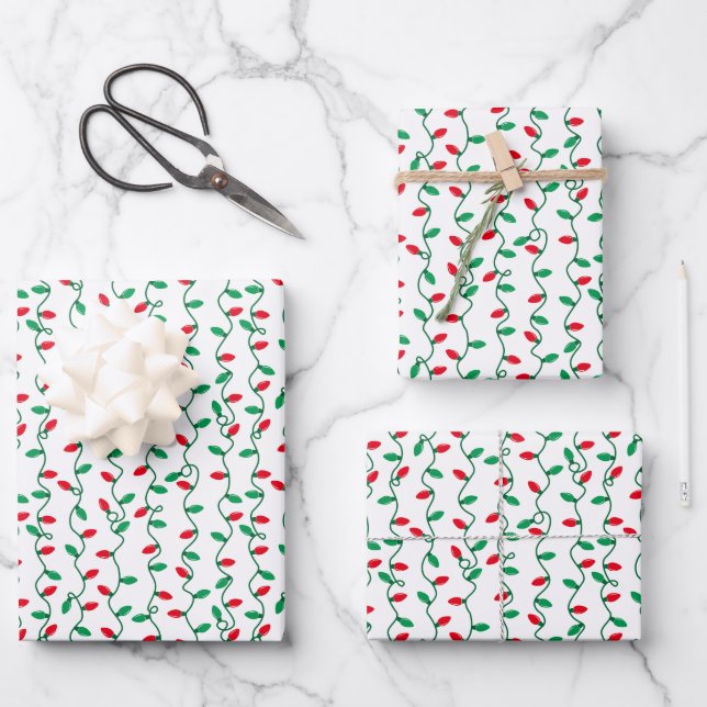 Feuille De Papier Cadeau Lumières de Noël rouges et vertes (Recto)