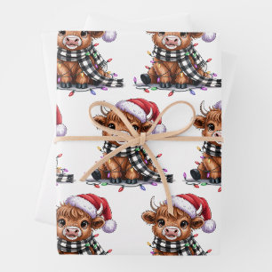 Feuille De Papier Cadeau Lumières de Noël Vache Highland Chapeau de Père No