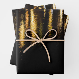 Feuille De Papier Cadeau Lumières nocturnes Abstraites mer brillant or noir