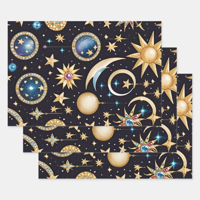 Feuille De Papier Cadeau Lune Et Étoiles Céleste (Lot)