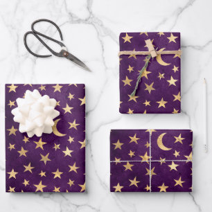 Feuille De Papier Cadeau Lune et étoiles célestes dorées Violet foncé