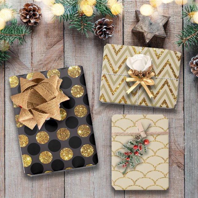Feuille De Papier Cadeau Luxe Gold Black Polka Fan Parties scintillant Moti (Créateur téléchargé)